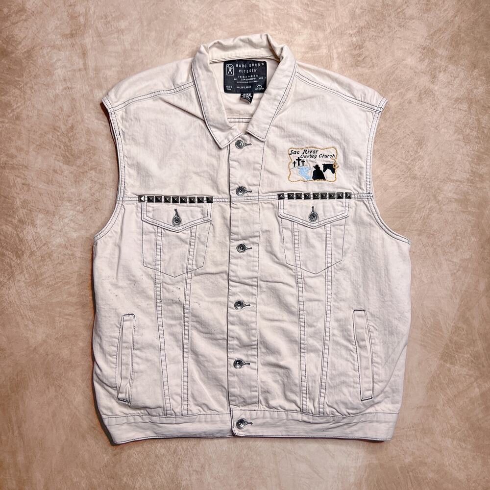 Mark Ecko Cut & Sew Studded Denim Vest Sac River Cowboy Church Custom Embroidery